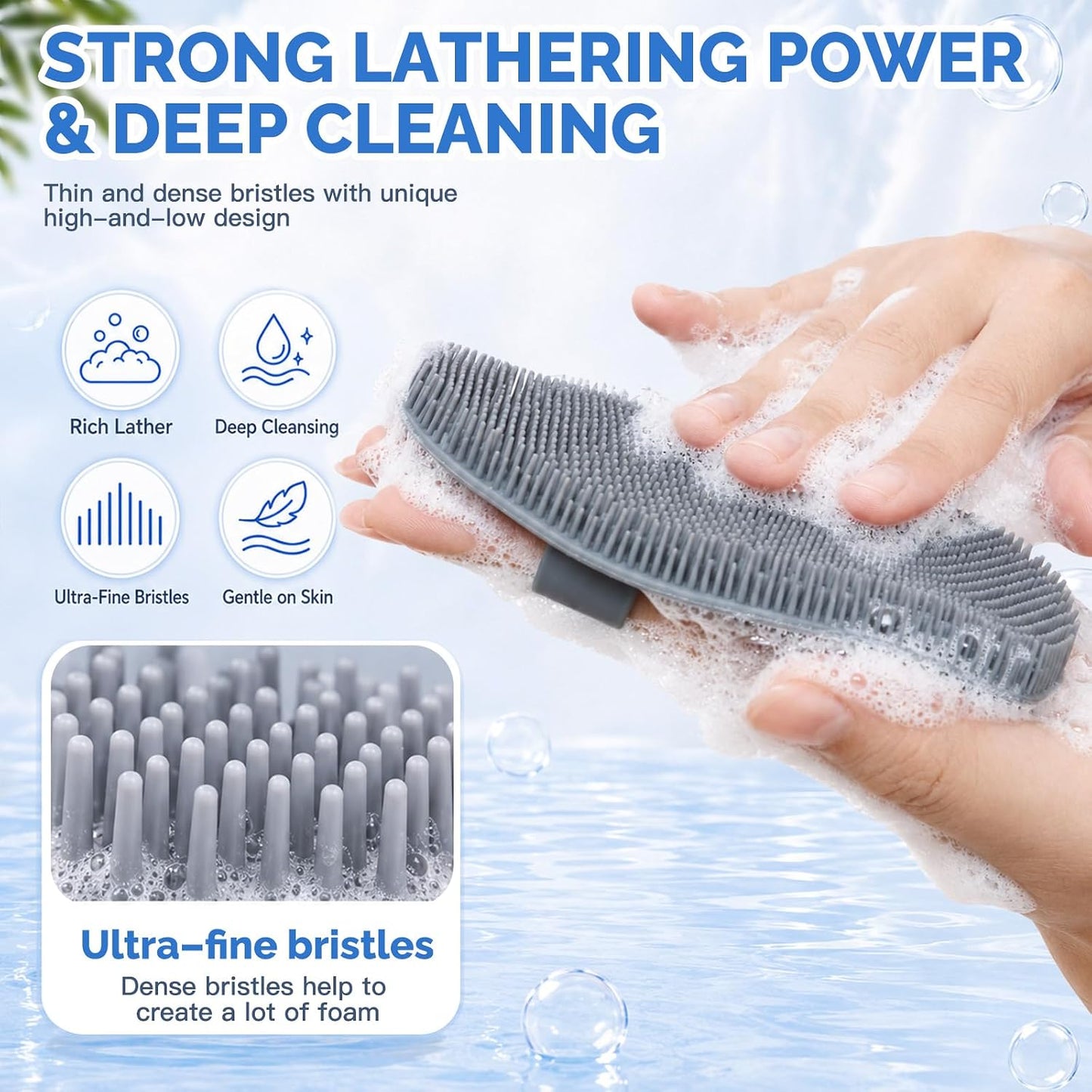 Manmihealth Silicone Back Scrubber (Thick Bristles) & Bath Glove & Face Brush Set (3PCS), Super-Exfoliating & Lathering Body Scrubber, Shower Brush, Face Scrubber Combination, with a Free Hook (Black)