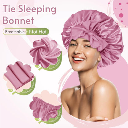 BONNET QUEEN Silk Bonnet for Sleeping for Women Satin Bonnet Night Cap for Curly Hair with Tie Band, Single Layer, Cream Pink