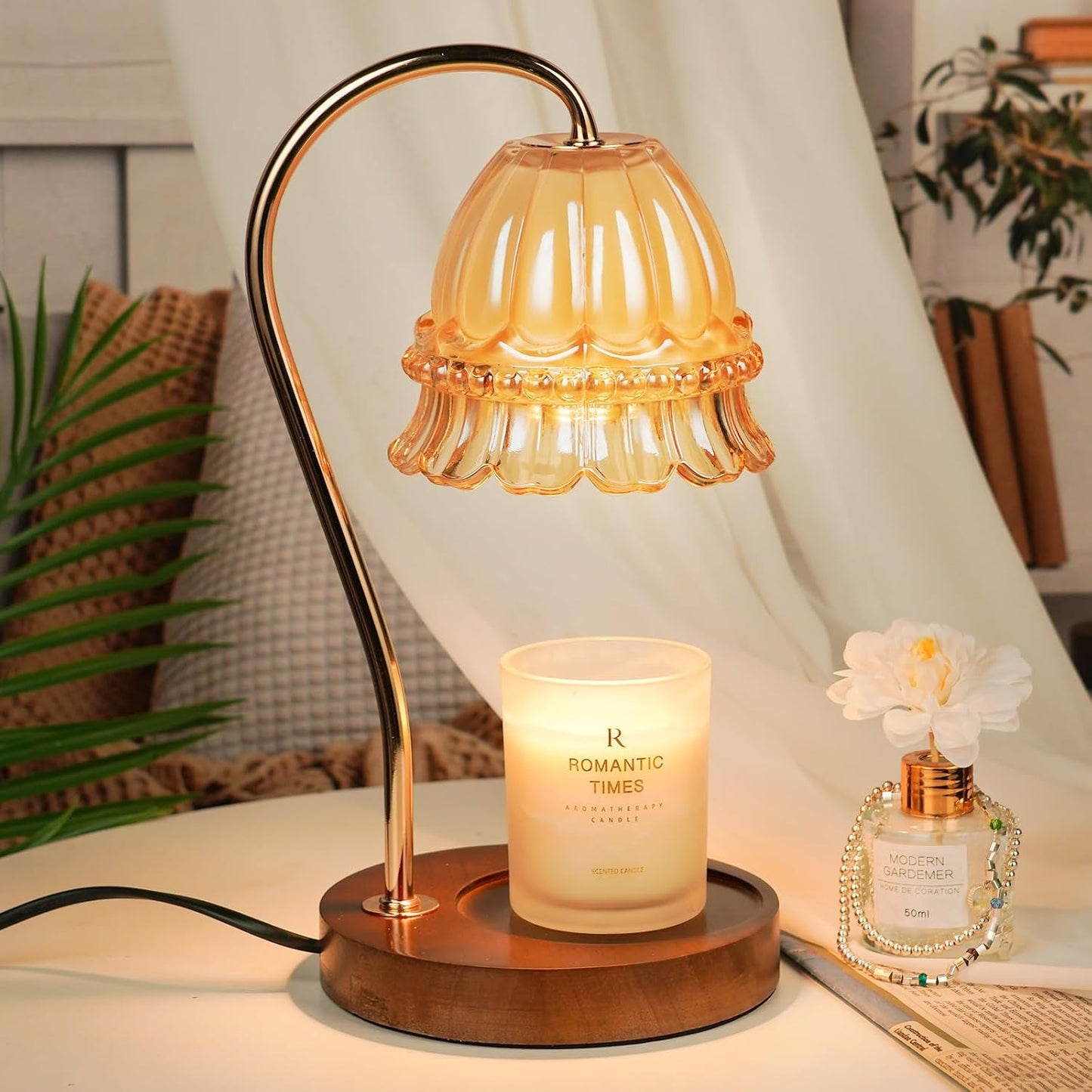 Funistree Flower Candle Warmer Lamp with Timer, Dimmable Candle Lamp Warmer, Christmas Birthday Gifts for Women Mom Her, Housewarming Home Decor, Lotus Wax Warmer for Yankee Candles - Lily Amber