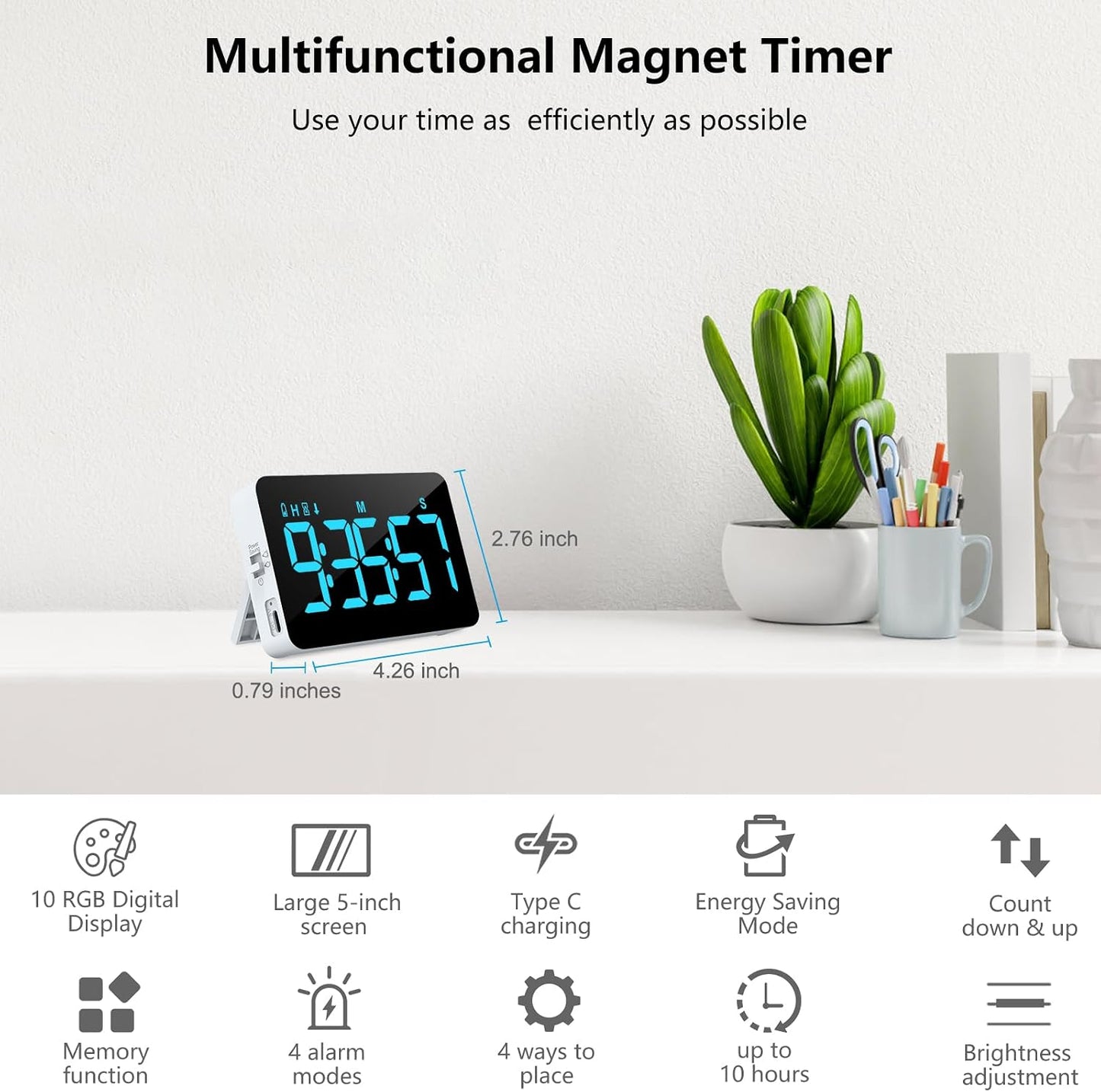 Rechargeable Digital Kitchen Timer for Cooking, Magnetic Timers with Countdown/up, Kids Timer with 5”LED Display 3 Brightness 4 Volume Adjustable for Classroom/Office/Home/Work/Fitness/Game（Blue）