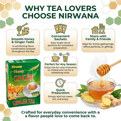 Nirwana Honey Ginger Instant Herbal Tea – The De Gingembre – Caffeine-Free Ginger Tea Bags with Honey Flavor, Smooth Herbal Infusion, Warm & Aromatic Tea (20 Sachets)