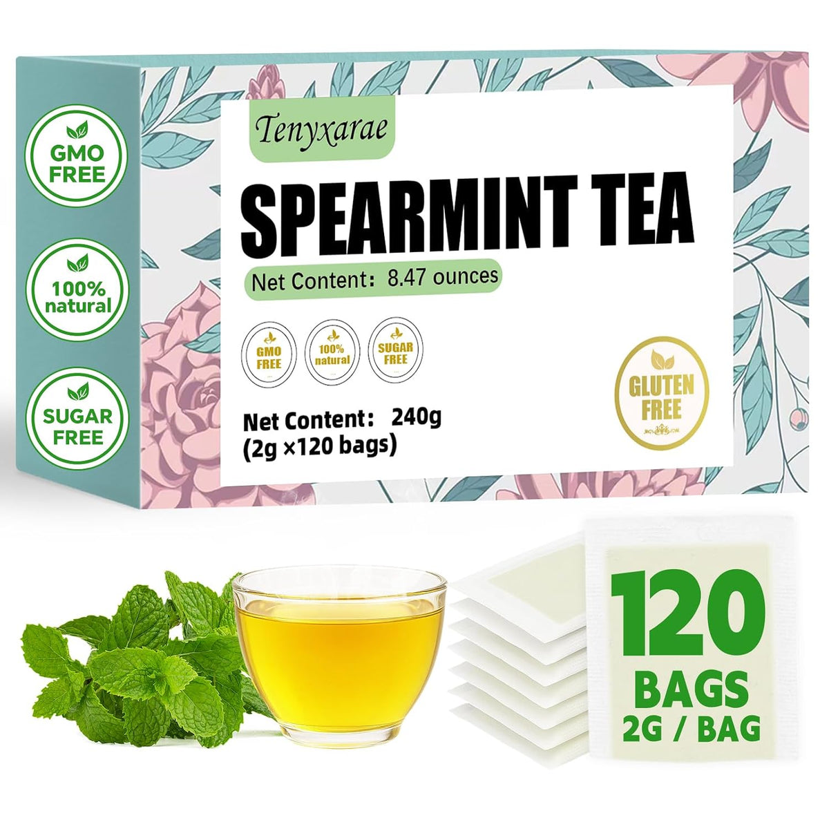Spearmint Leaves Tea Bags-120 Teabags, 2g/Bag, Made with 100% Natural Spearmint Leaves. Helps with Freshens Breath and Digestion | Caffeine-Free | Sugar-Free | Gluten-Free | Vegan. Eco-Friendly Tea Bags