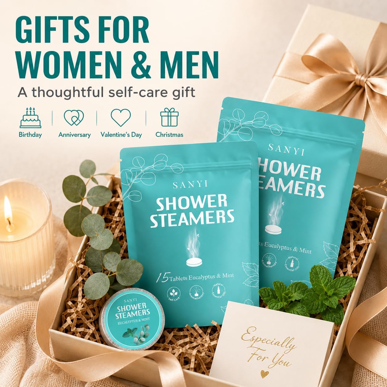 Shower Steamers Aromatherapy 15 Pack, Fathers Gifts, Eucalyptus & Mint Shower Bombs with Natural Essential Oils, Quick Sinus Relief Nasal Congestion, Relaxation Home Spa Gifts for Women Men