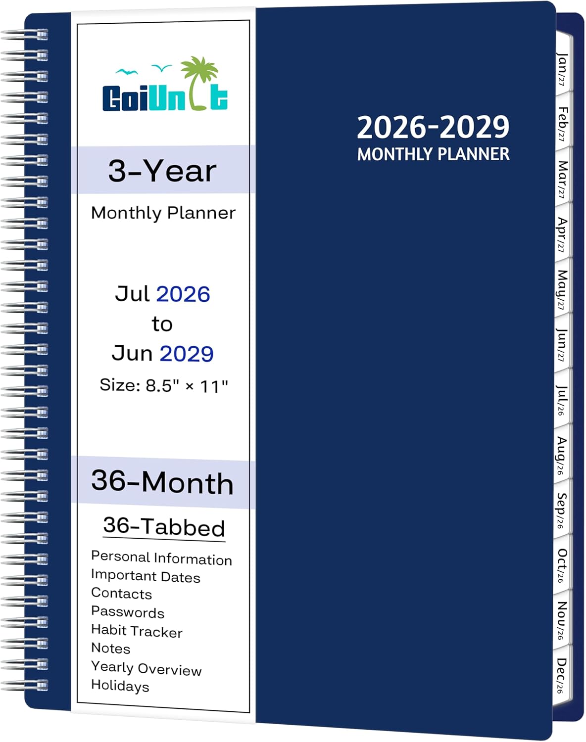 Monthly Planner 2026-2029, 36 Months Calendar Planner 2026-2029 from Jul 2026 – Jun 2029, 8.5'' x 11'' with Ruled Spread, Flexible Cover, Spiral Wirebound, Pocket, Coated Tabs, Notes ＆ Habit Tracker