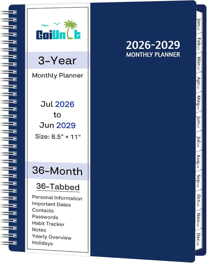 Monthly Planner 2026-2029, 36 Months Calendar Planner 2026-2029 from Jul 2026 – Jun 2029, 8.5'' x 11'' with Ruled Spread, Flexible Cover, Spiral Wirebound, Pocket, Coated Tabs, Notes ＆ Habit Tracker