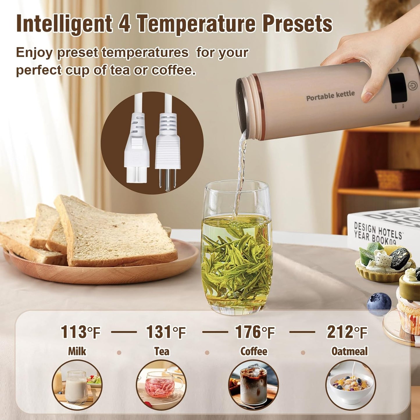 Travel Electric Kettle Portable Mini Kettle,Small Hot Water Boiler with 4 Temperature Settings,304 Stainless Steel,Fast Boiling Water with Auto Shut-Off and Boil Dry Protection,400ml (Beige, 400ML)