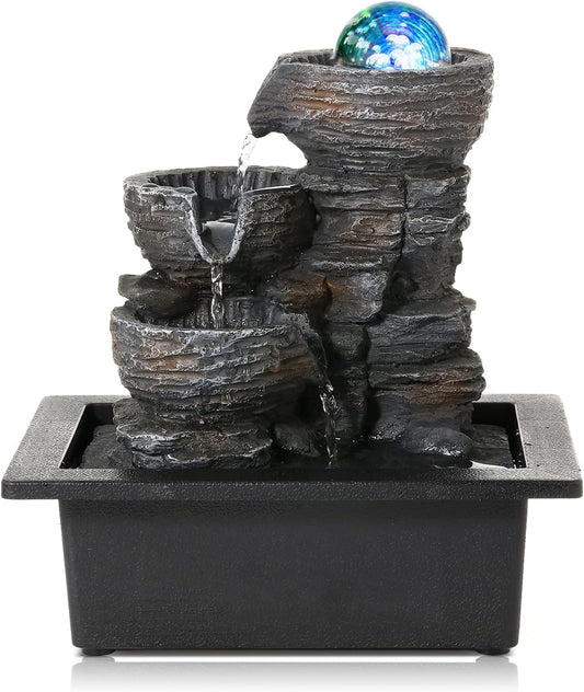 Dyna-Living Tabletop Water Fountain Indoor Waterfalls Fountains with Colored LED Light Decorative Feng Shui Tabletop Fountain with Automatic Pump Best Home Gifts for Friends or Family