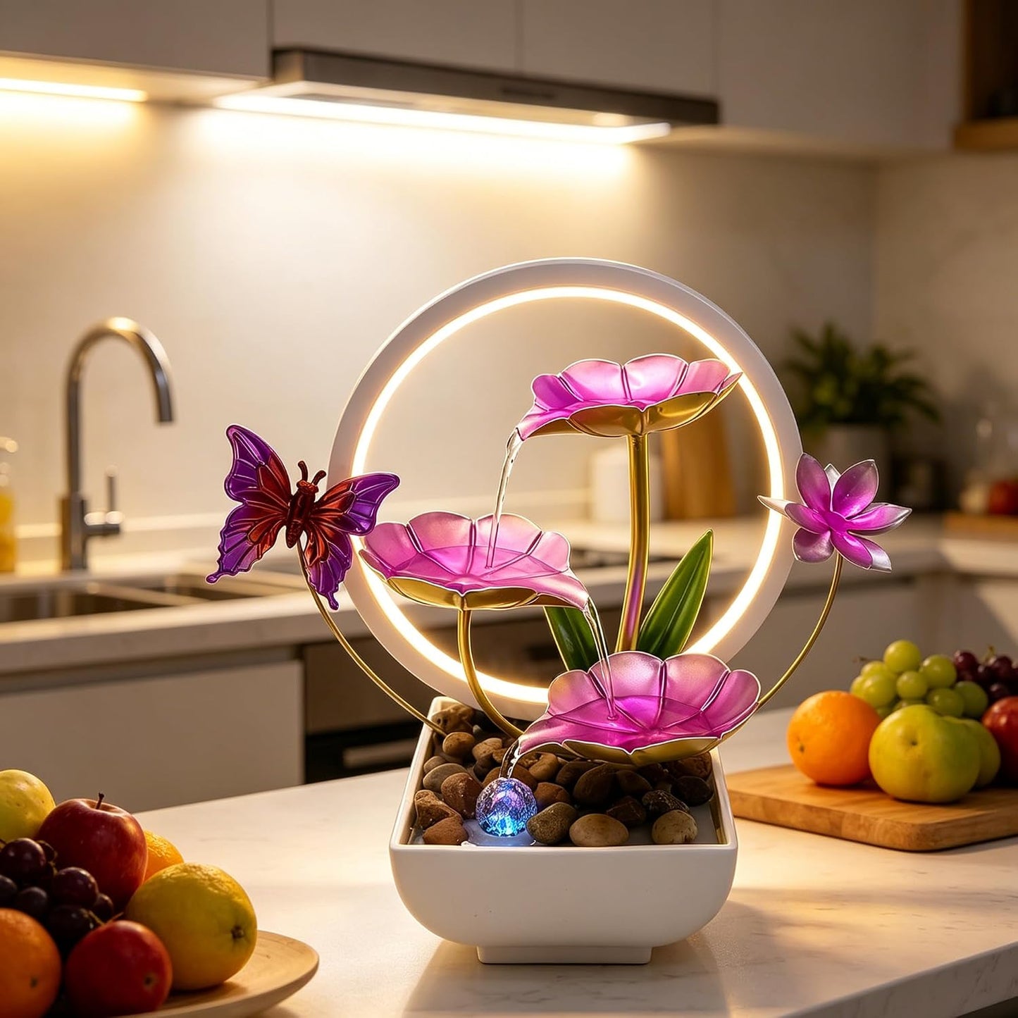 Tabletop Fountain,Indoor Water Fountain,Home Fengshui Décor Zen Relaxation Soothing Sound Machine for Office,Living Room,or Bedroom,Green Lotus,Hummingbird & Pink Flower,9.1inch