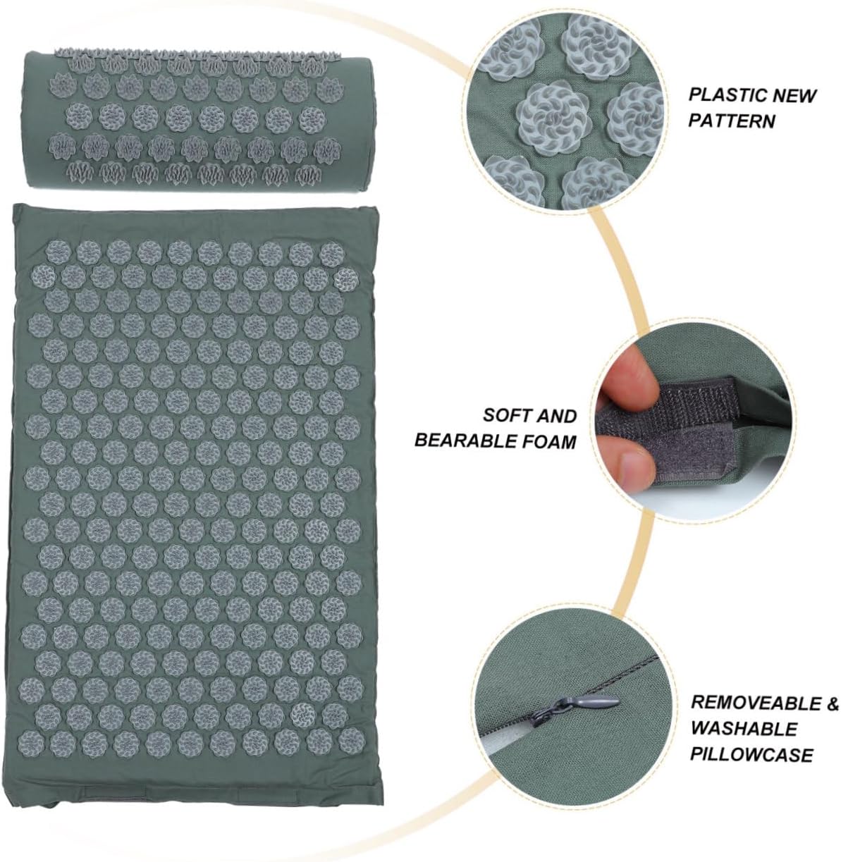 Acupressure Mat and Shiatsu Massage Pillow Set with Bag, Washable Grey Yoga Mat for Back and Neck Relief, Acupuncture Accessory Suitable for Wellness and Relaxation