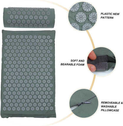 Acupressure Mat and Shiatsu Massage Pillow Set with Bag, Washable Grey Yoga Mat for Back and Neck Relief, Acupuncture Accessory Suitable for Wellness and Relaxation