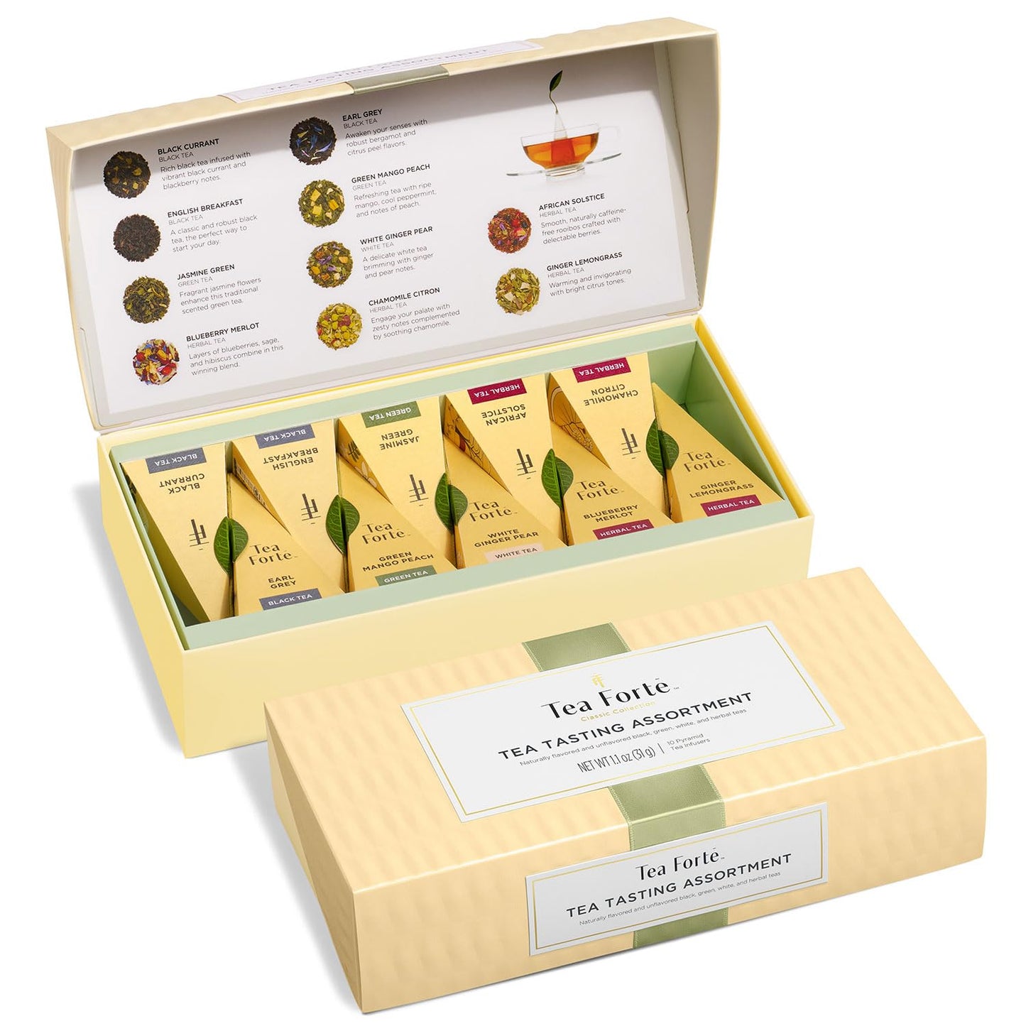 Tea Forte Premium Petite Presentation Box Gift Set Sampler, 10 Count, 2 of Each Blend Individually Wrapped Handcrafted Pyramid Infuser Bags, Demoiselle Tea