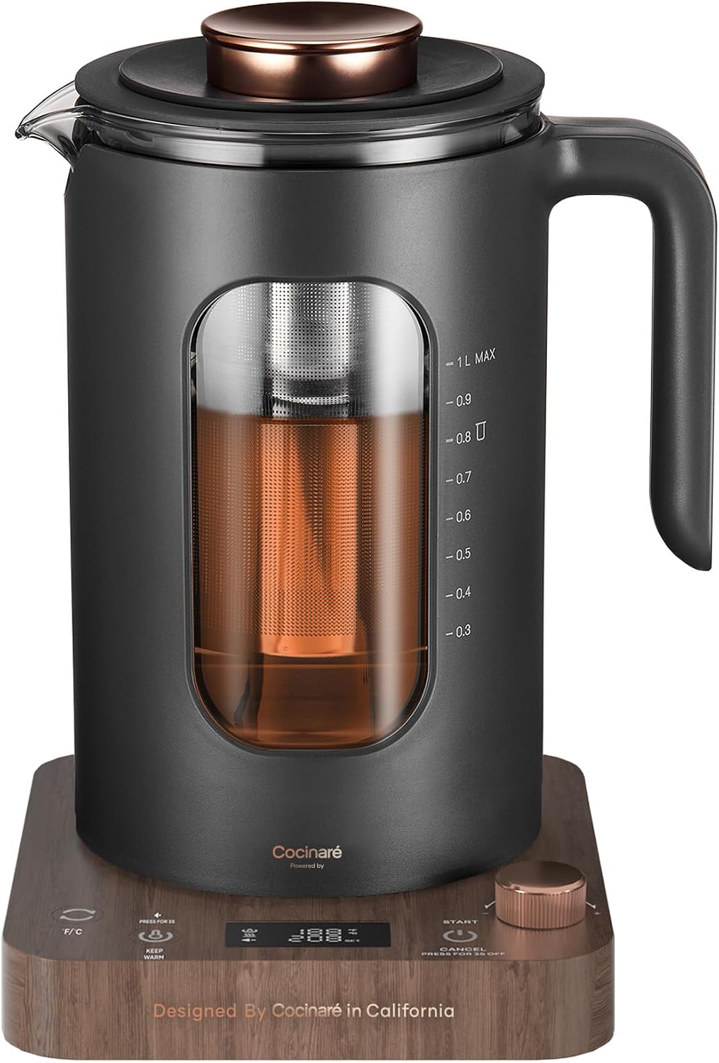 Electric Tea Kettle, INTASTING Glass Electric Kettle with tea Infuser and Precise knob temperature control, 1200W Fast Heating, BPA-Free, Easy to Clean, 1 Liter (Dark Gray)
