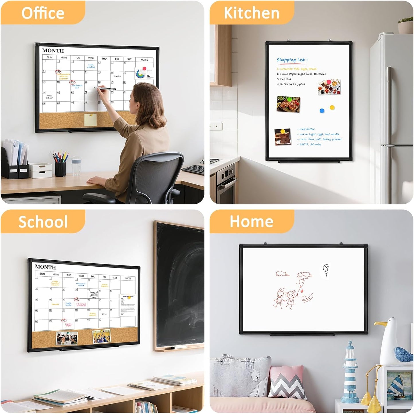Dry Erase Calendar Whiteboard for Wall, 24"x18" Magnetic Monthly White Board Cork Board Combo, Double Sided, Aluminum Frame, Wall Hanging Wipe Board for Home, Office, School, Dorm