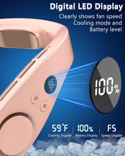 FWV Neck Fan with Cooling Plate, Quiet 30dB, 3-24Hrs Cooling,5500mAh Battery,LED Display Necklace AC Cooler, USB Bladeless Portable Personal Wearable Fans that Blow Cold Air for Men Women Kids Black