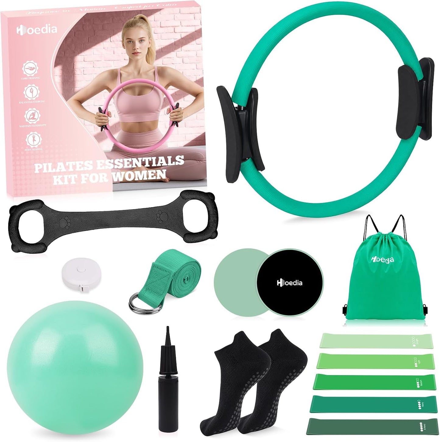 Hoedia Pilates Kit for Women, Pilates Equipment Ring and Ball Set with Resistance Bands, Yoga Strap, Core Sliders, Socks, Bag & Guide for Starter Home Workout Fitness Gym Essentials
