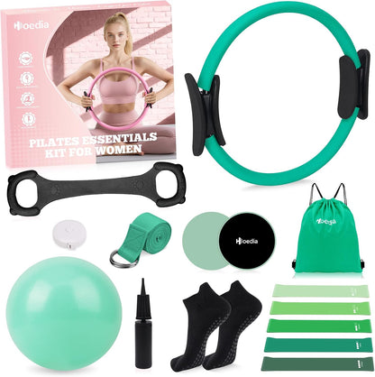 Hoedia Pilates Kit for Women, Pilates Equipment Ring and Ball Set with Resistance Bands, Yoga Strap, Core Sliders, Socks, Bag & Guide for Starter Home Workout Fitness Gym Essentials