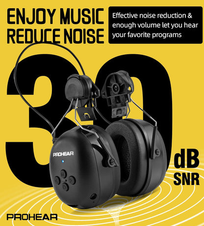 PROHEAR 037 Bluetooth 6.0 Hearing Protection Headphones with Rechargeable 1500mAh Battery, 30dB SNR Safety Noise Reduction Ear Muffs 120H Playtime for Mowing, Workshops, Snowblowing - Black