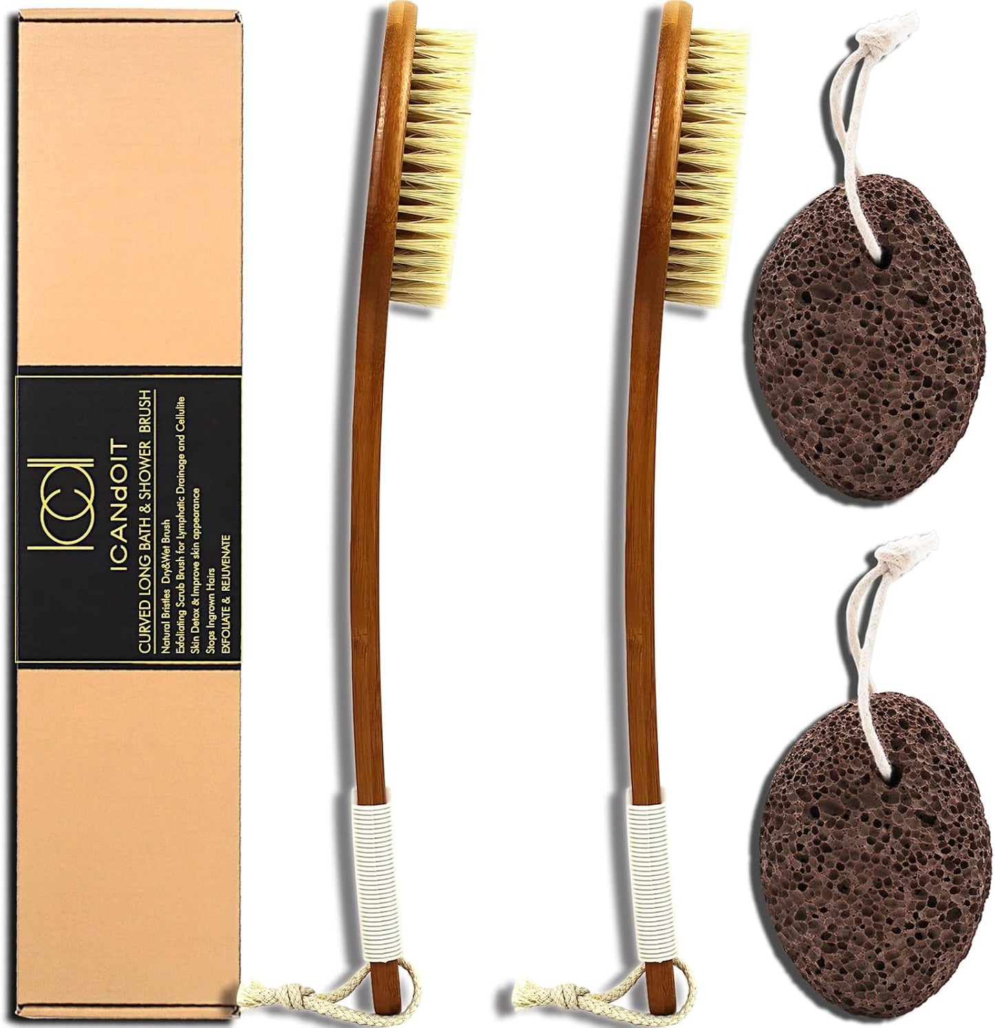 ICANdOIT-17.71Inch Natural Boar Bristles Anti-Slip Long Handle Bath Brush,Bent Handle Shower Scrubber for Exfoliating,Shower Back Brush,Exfoliation Set with Pumice Stone (1 Pack)