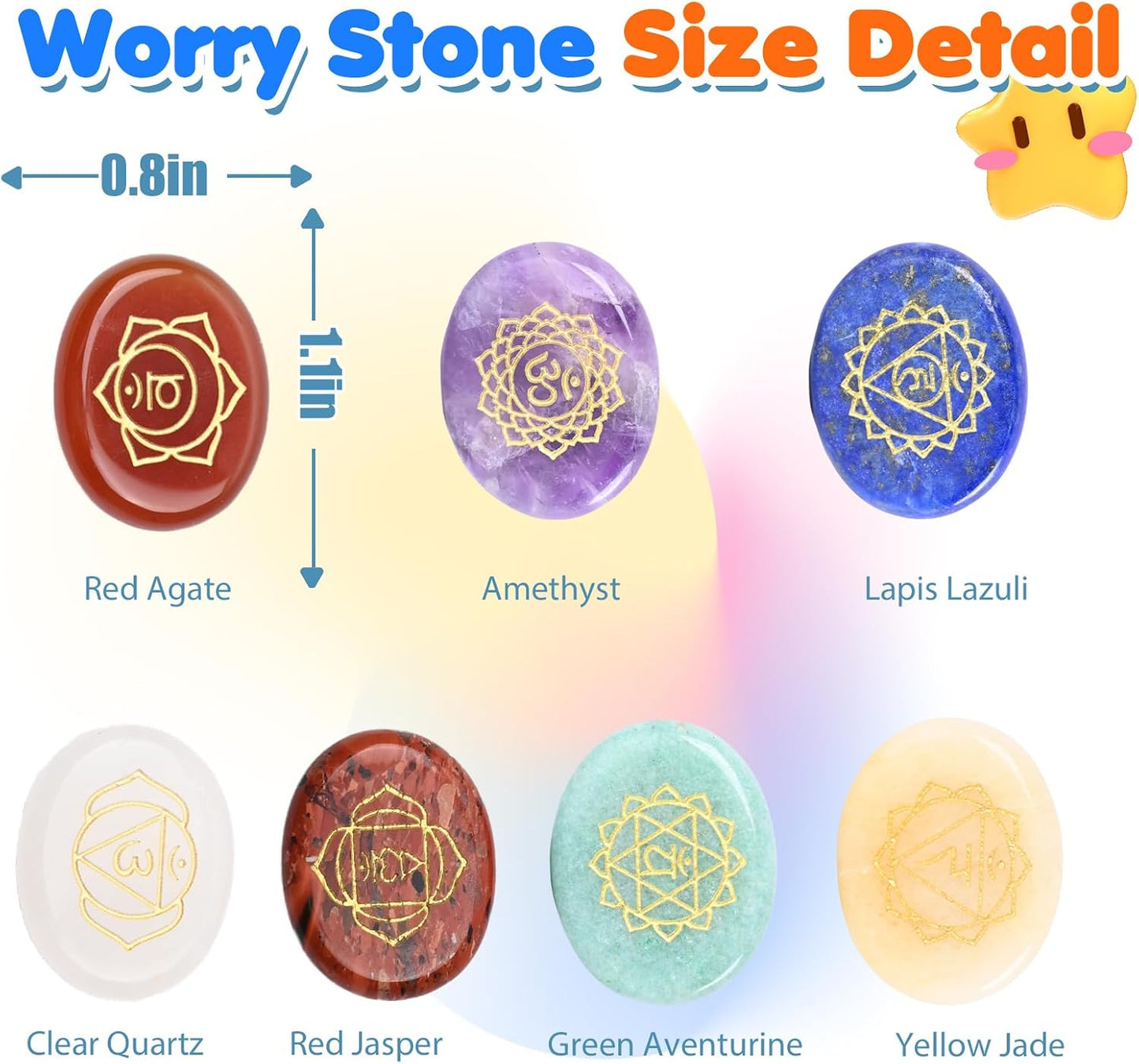 Gemstone Worry Stone, Chakras Worry Stone for Anxiety, Hand Carved Natural Pocket Palm Stones Water Drop Shape 7 Chakra Crystals and Healing Stones for Yoga Meditation 1.7"