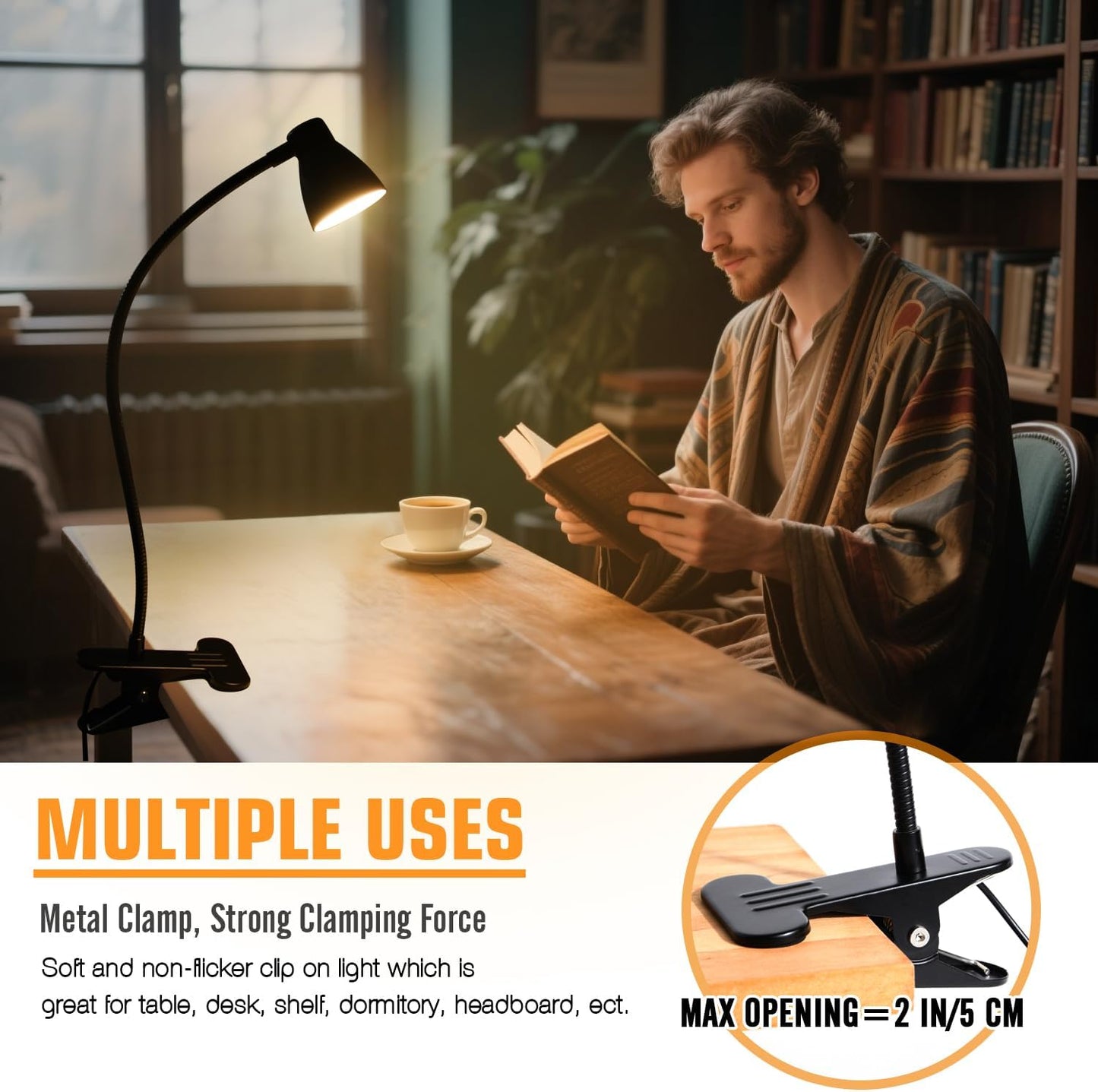 CRI 90+ Eye-Care Clip Light for Reading, 6W Small Clamp Lamp for Desk, Flexible Gooseneck Clip Lamp for Bed Headboard with 3 Color Modes & 10 Brightness(Adapter Include)