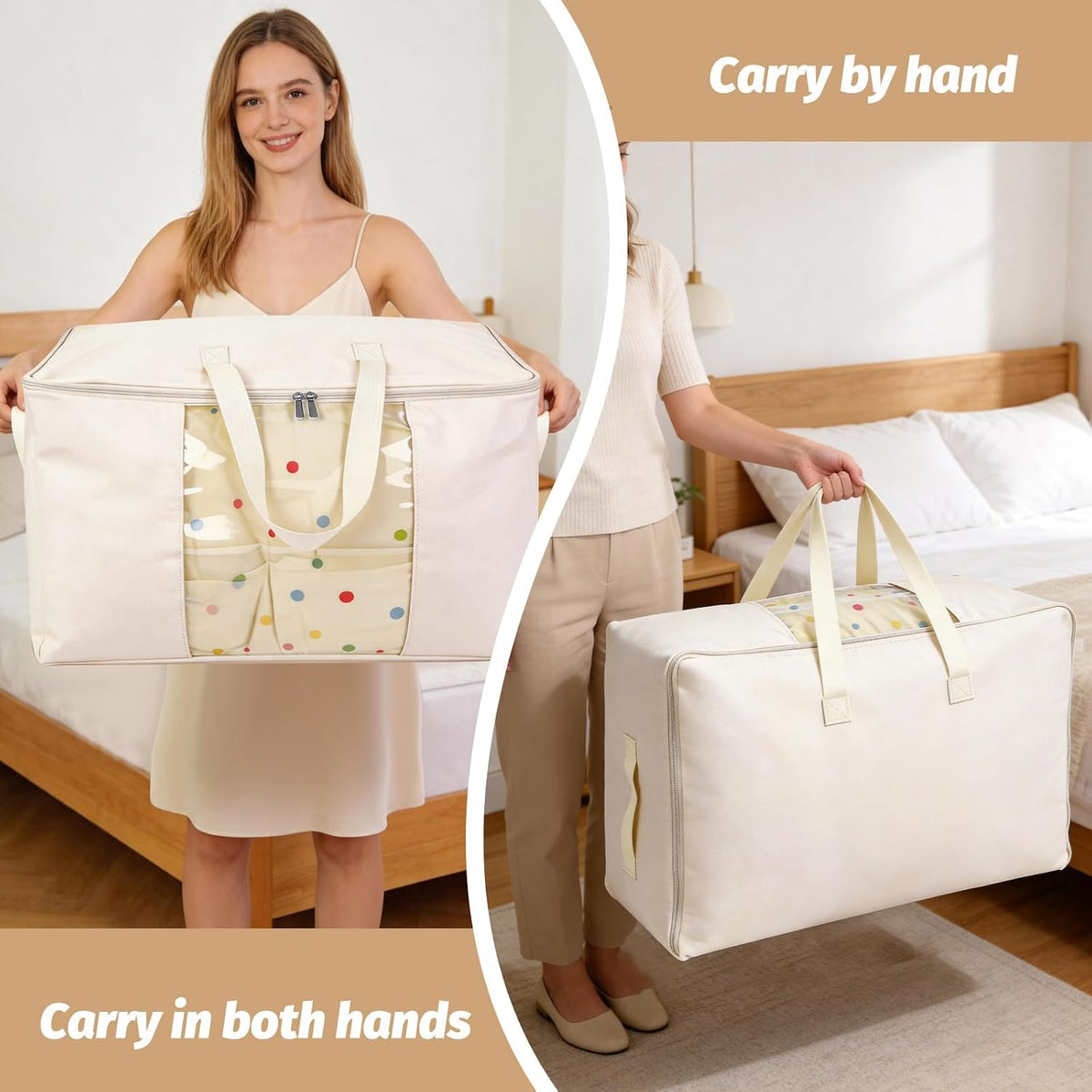 Soft Large Canvas Storage Bags with Zipper. Thick Breathable. Four Carrying Handles and Window. Cotton Linen Storage for Pillows, Quilt, Blankets and Comforter, 80L, Beige