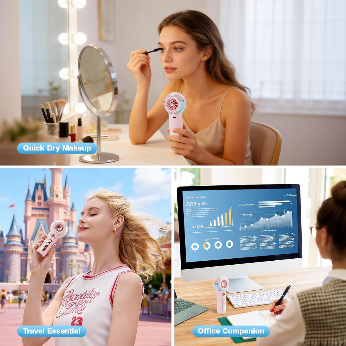 TOBTOS Handheld Misting Fan Portable, Powerful Turbo Airflow, Rechargeable Mini Personal Mister Fan with Water Spray, LED Display, 4 Speeds, Cooling Fans for Travel, Beach, Girls - Pink