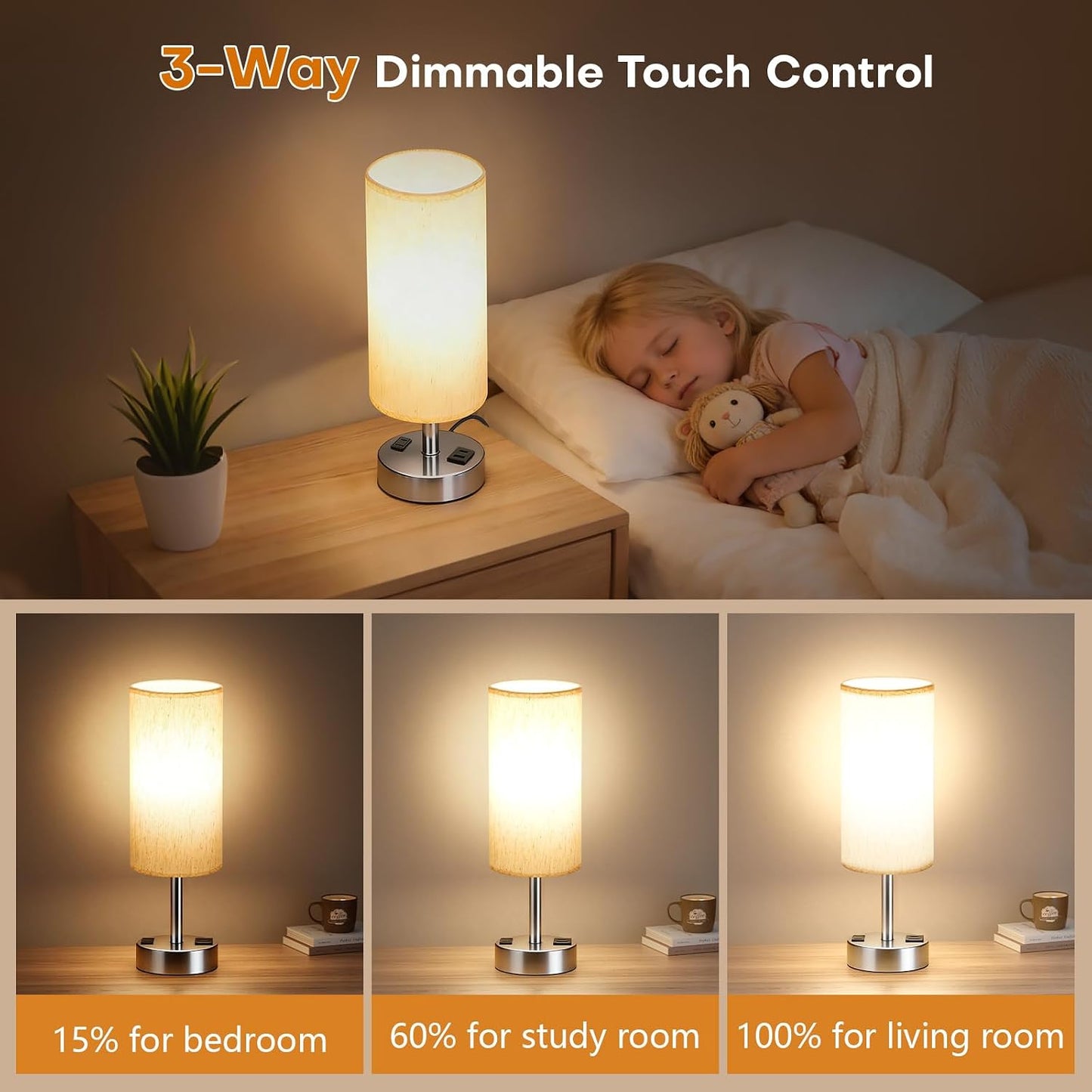 MOICO Bedside Table Lamp for Bedroom, 3-Way Dimmable Nightstand Lamp with USB C, USB A Ports & AC Outlet, Small Table Lamp Fabric Shade for Living Room Dorm Office, LED Bulb Included (14in Wood Grain)