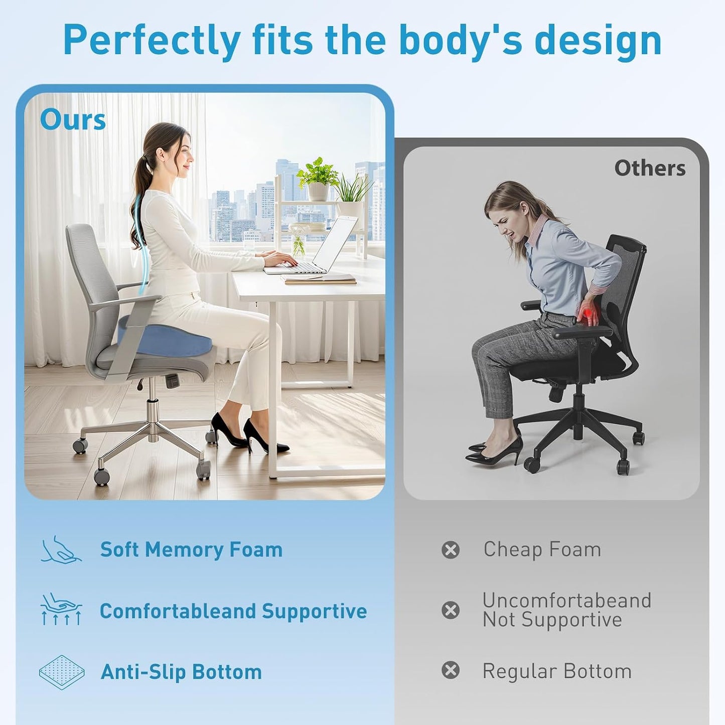 BlissTrends Seat Cushion with Velvet Cover, Thick Memory Foam Cushions for Office Chair, Car Seat, Airplane, Relieving Pressure Tailbone Sciatica Back Pain for Long Sitting, Car Drivers 4.7in Black