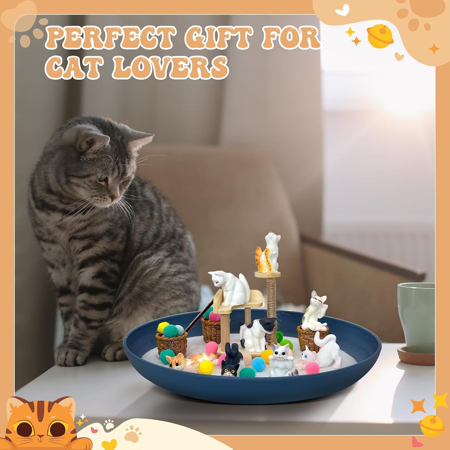 Zen Garden for Desk with Tray Sand Tools Cat Figurines DIY Micro Landscape Ornaments Miniature Meditation Sand Garden Stress Relief Desk Decor for Cat Lover Gifts