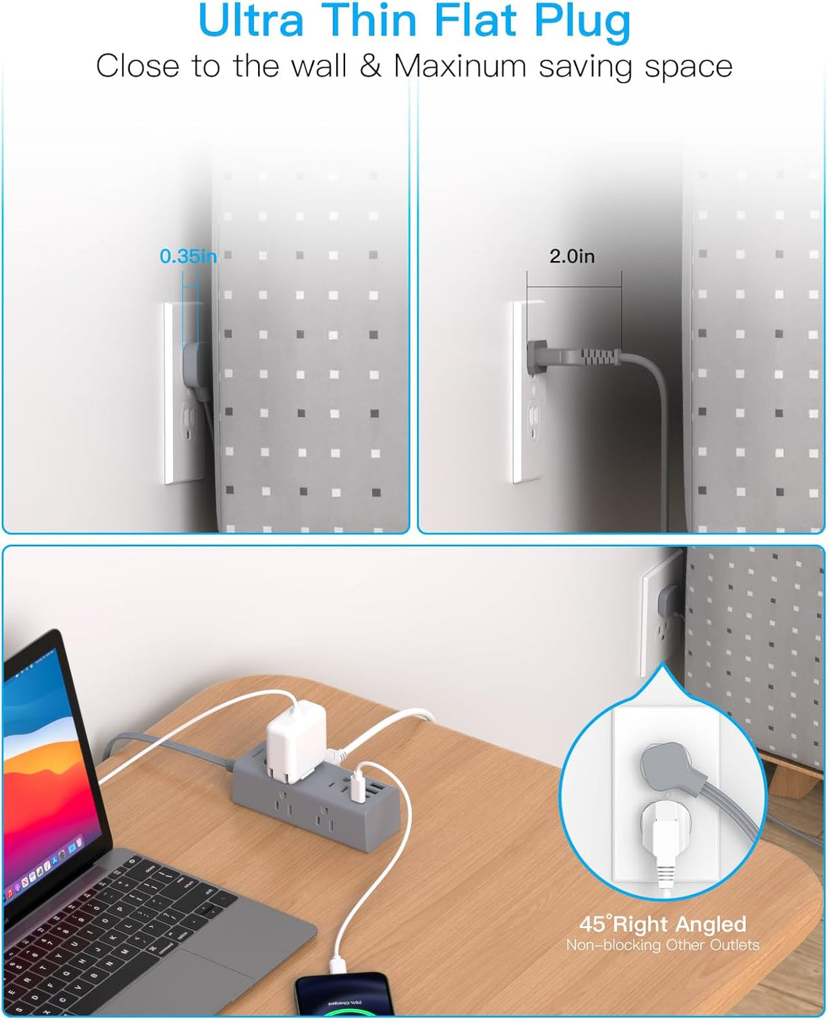 One Beat 10Ft Extension Cord with Multiple Outlets,Flat Plug Power Strip