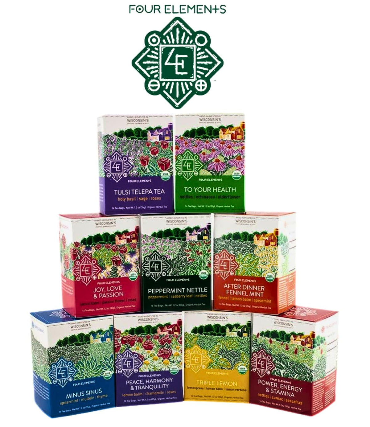 Four Elements 4E Peppermint Nettle Tea, Blended with Peppermint, Raspberry Leaf and Nettles, 100% Organic Herbal Tea, 16 Teabags, 1.2 OZ