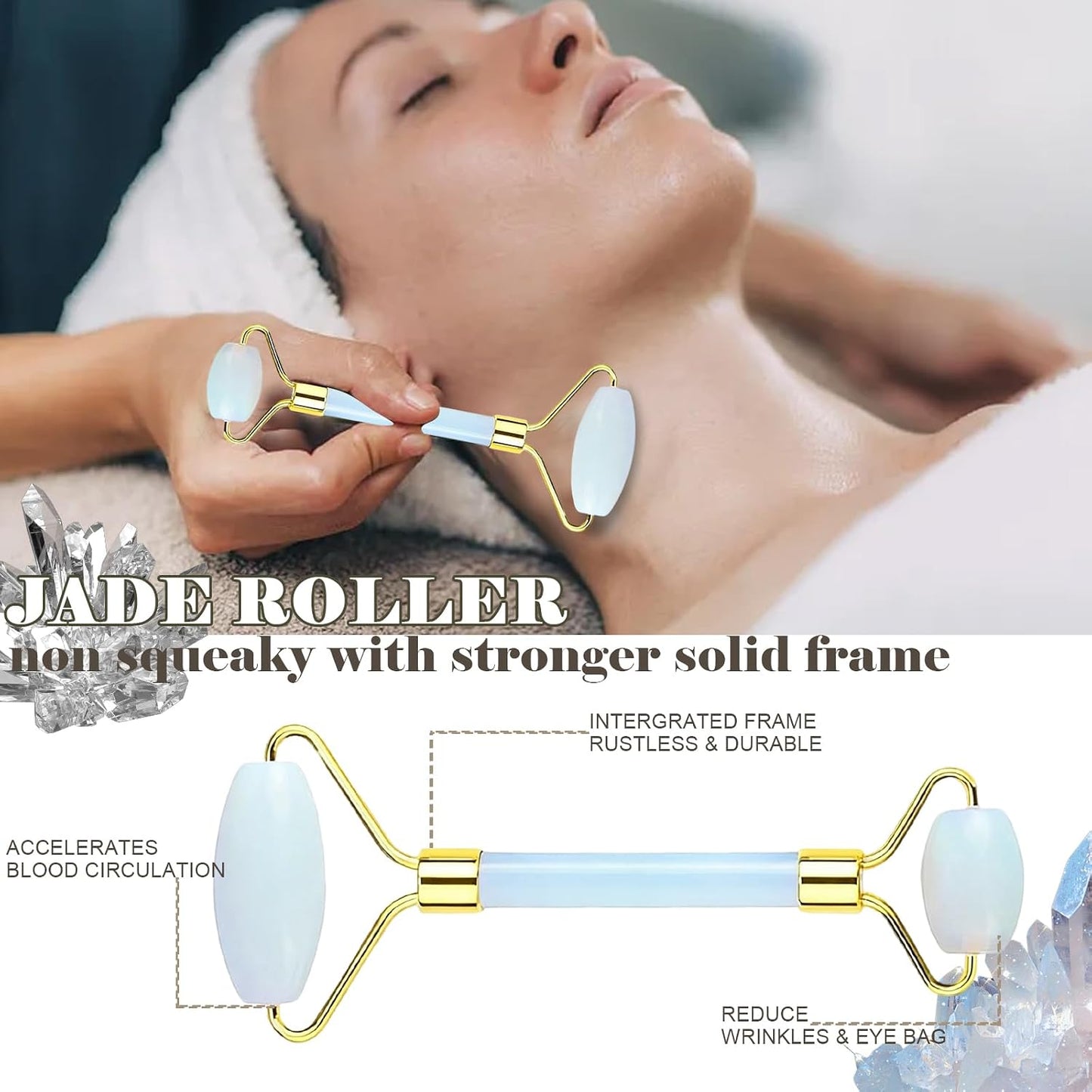 Jade roller and gua sha, facial roller, women's skincare tool, self-care gift, face, eye, neck massager, relieves fine lines and wrinkles, aventurine, opal, rose quartz