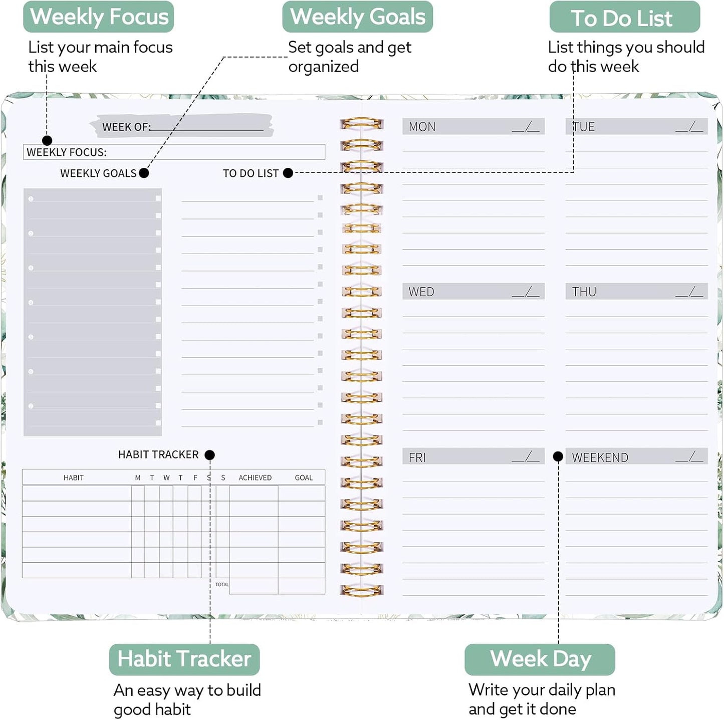 Undated Weekly Planner with Habit Tracker, 52 Weeks To Do List Notebook A5 Weekly Goal Planner with Spiral Binding & Stickers Home Work School Supplies for Women Girls 8.2" x 5.7" - Pink