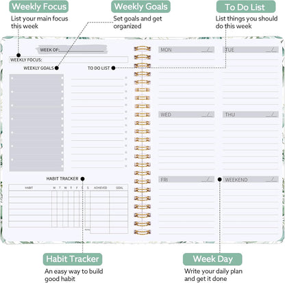 Undated Weekly Planner with Habit Tracker, 52 Weeks To Do List Notebook A5 Weekly Goal Planner with Spiral Binding & Stickers Home Work School Supplies for Women Girls 8.2" x 5.7" - Pink
