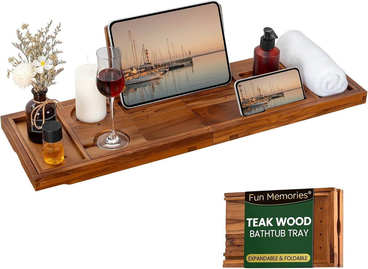 Teak Bathtub Tray - Luxury Bath Tray with Expandable Handles, Wine Glass and Phone Holders, Book Stand - Perfect for Home Spa Relaxation and Reading - Natural Bath Accessories - Dark Walnut Color