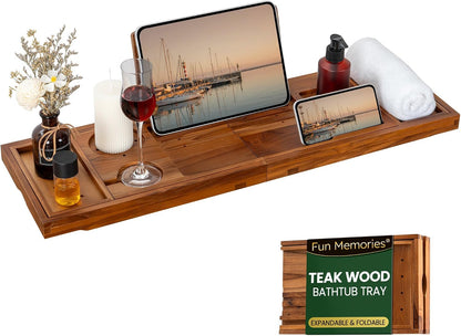Teak Bathtub Tray - Luxury Bath Tray with Expandable Handles, Wine Glass and Phone Holders, Book Stand - Perfect for Home Spa Relaxation and Reading - Natural Bath Accessories - Dark Walnut Color