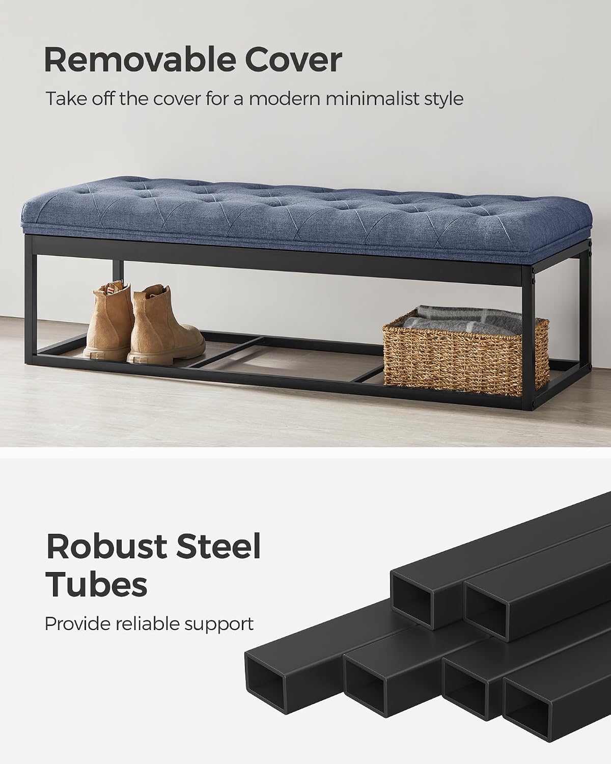 SONGMICS Storage Ottoman Bench, Foot Rest with Legs, 15.7 x 43.3 x 15.7 Inches, End of Bed Bench, Storage Chest, Load up to 660 lb, for Living Room, Bedroom, Entryway, Dark Gray ULSF088G01