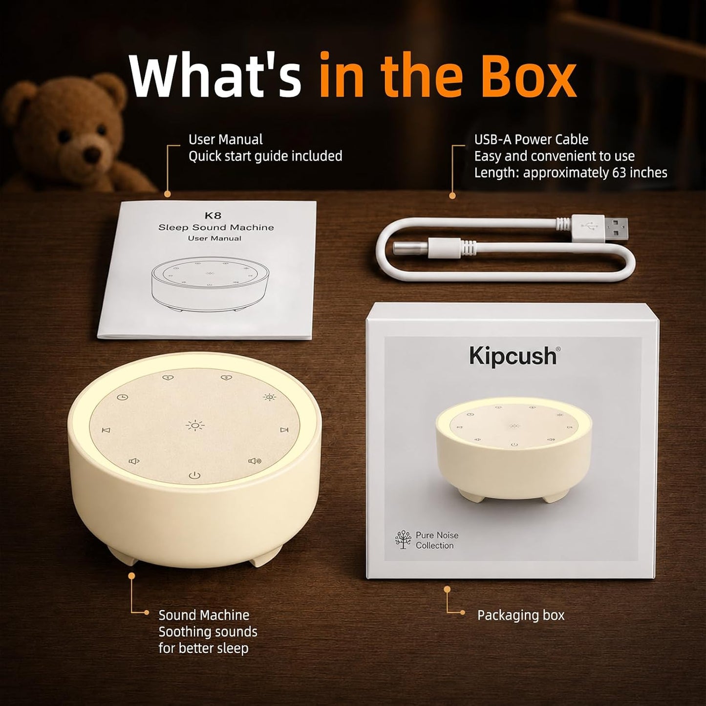 Kipcush White Noise Machine for Sleeping – High-Fidelity Non-Looping Sounds, Dimmable Night Light, USB Powered, Sleep Sound Machine for Baby, Kids & Adults (A - Model White+, Standard)