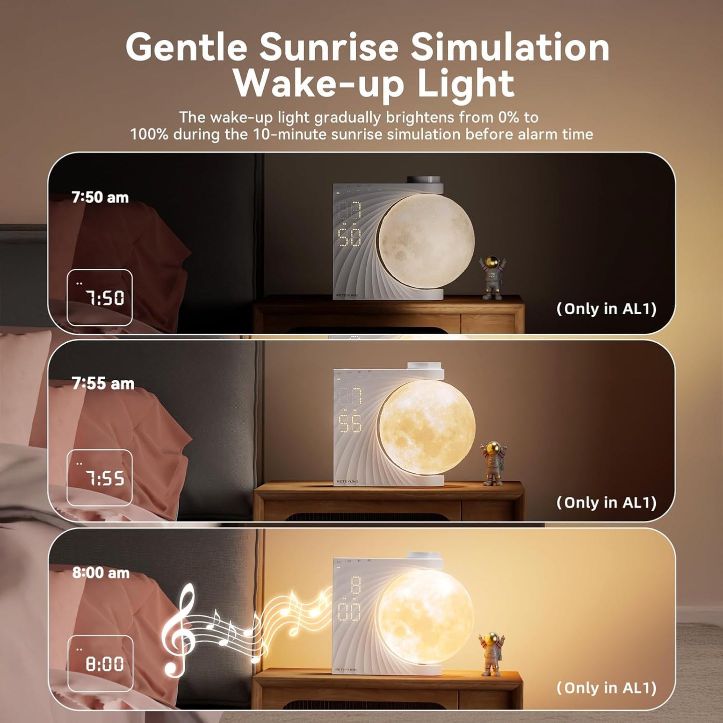 Sunrise Alarm Clocks for Heavy Sleepers,Night Lamp Clocks for Bedrooms with Moon Light,10 Light Effects,30/60/90 Timer,10 Sleep Nature Sounds,15 Ringtones,12 Volume Control with Snooze Function