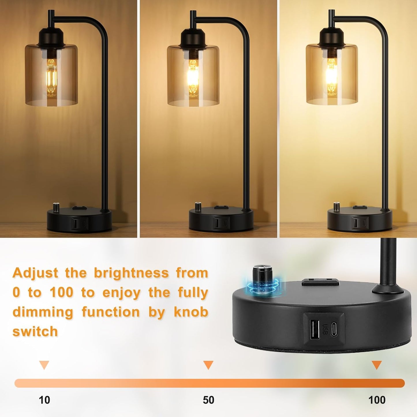 Industrial Table Lamps for Bedrooms Set of 2 - Fully Dimmable Bedside Lamps with USB A and C Ports and Outlet, Black Nightstand Lamps with Glass Shade for Living Room, Desk Lamps for Office Reading