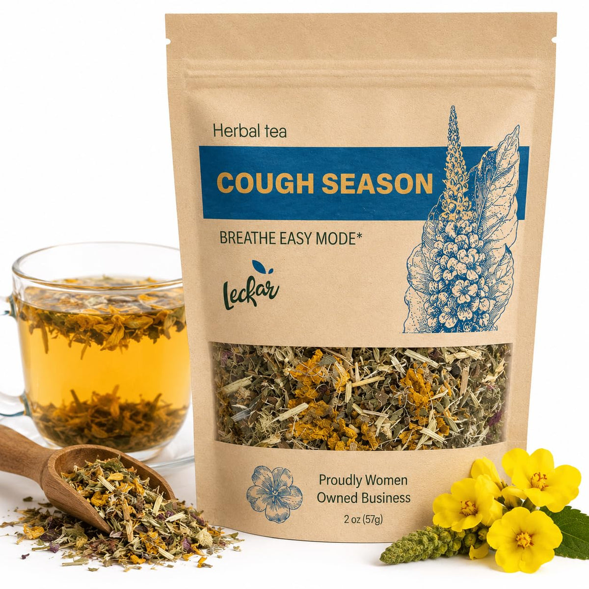 Leckar Cough Season Herbal Tea – Natural Respiratory Support Blend with Mullein, Thyme & Echinacea – Soothes Sore Throat & Hoarse Voice – Lung Health & Immune Boost – Caffeine-Free – 2 oz
