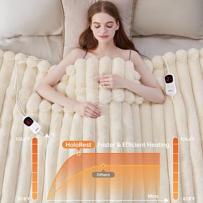 Heated Throw Blanket, Faux Fur Cozy Heating Blanket with Overheat Protection, 1/2/4/6/8 Hours Auto-Off 10 Heat Level, Machine Washable (50x60 Inches, Cream White)