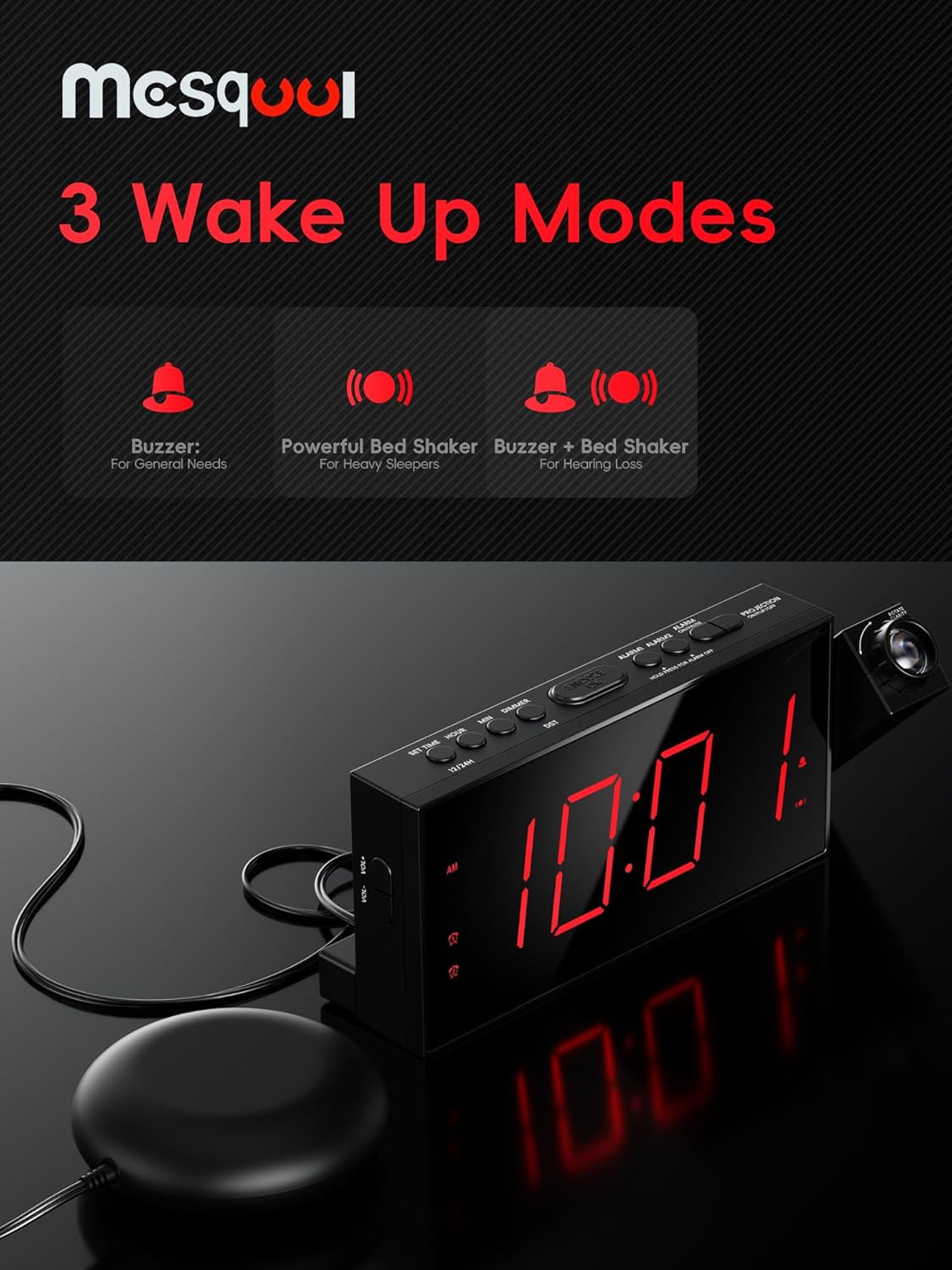 Digital Projection Alarm Clocks for Bedrooms - Large LED Display, 180° Rotatable Projector, 5-Level Dimmer,USB Charger,Battery Backup,Loud Dual Alarms for Kids Elderly,Heavy Sleepers,Snooze,12/24H,DST