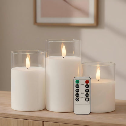 ANGELLOONG Flickering Flameless Candles, Realistic Battery Operated Candles with Remote and Timer, Set of 3 LED Candles for Fall Room Home Wedding Decor Centerpieces Table Party Christmas Decorations