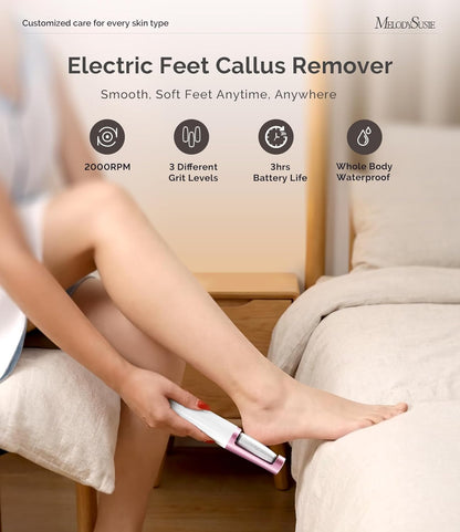 MelodySusie Electric Callus Remover for Feet, PC800G Waterproof Rechargeable Pedicure Tool with Light & 3 Different Grits Roller Heads & Adjustable Speeds, for Dead Skin & Cracked Heel (Pink Rose)