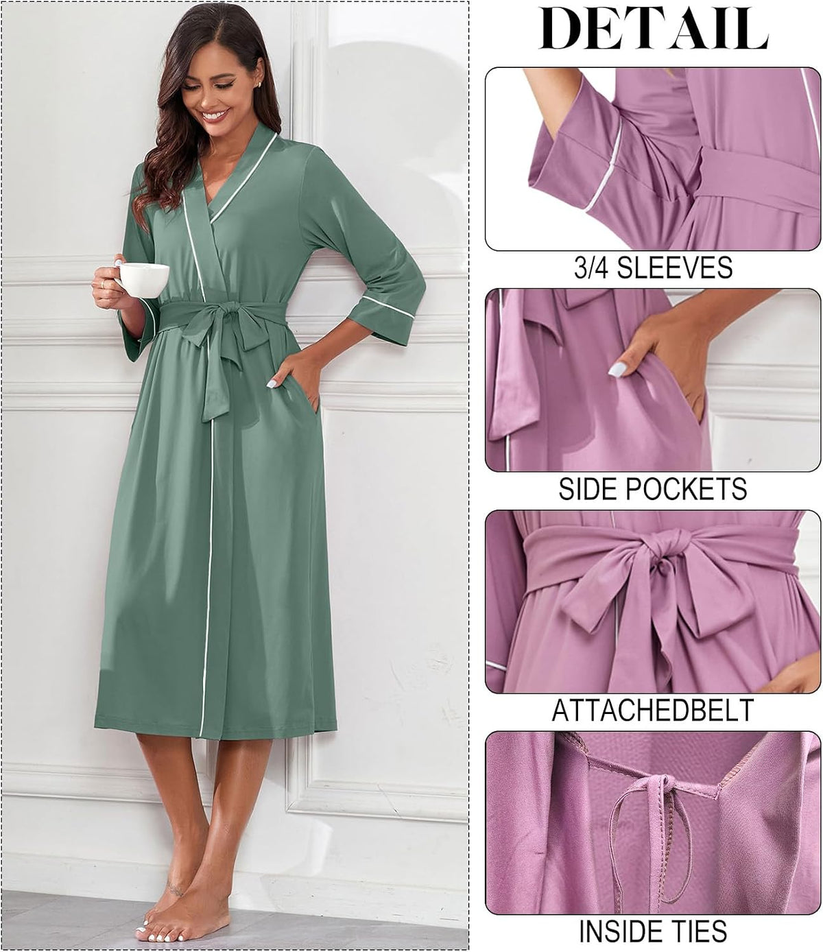 PrinStory Robes for Women 3/4 Sleeve Long Bath Robe XS-4XL