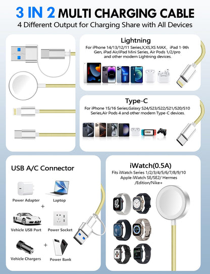 Travel Essentials for Apple Watch Charger,3-in-2 Multi Charging Cable