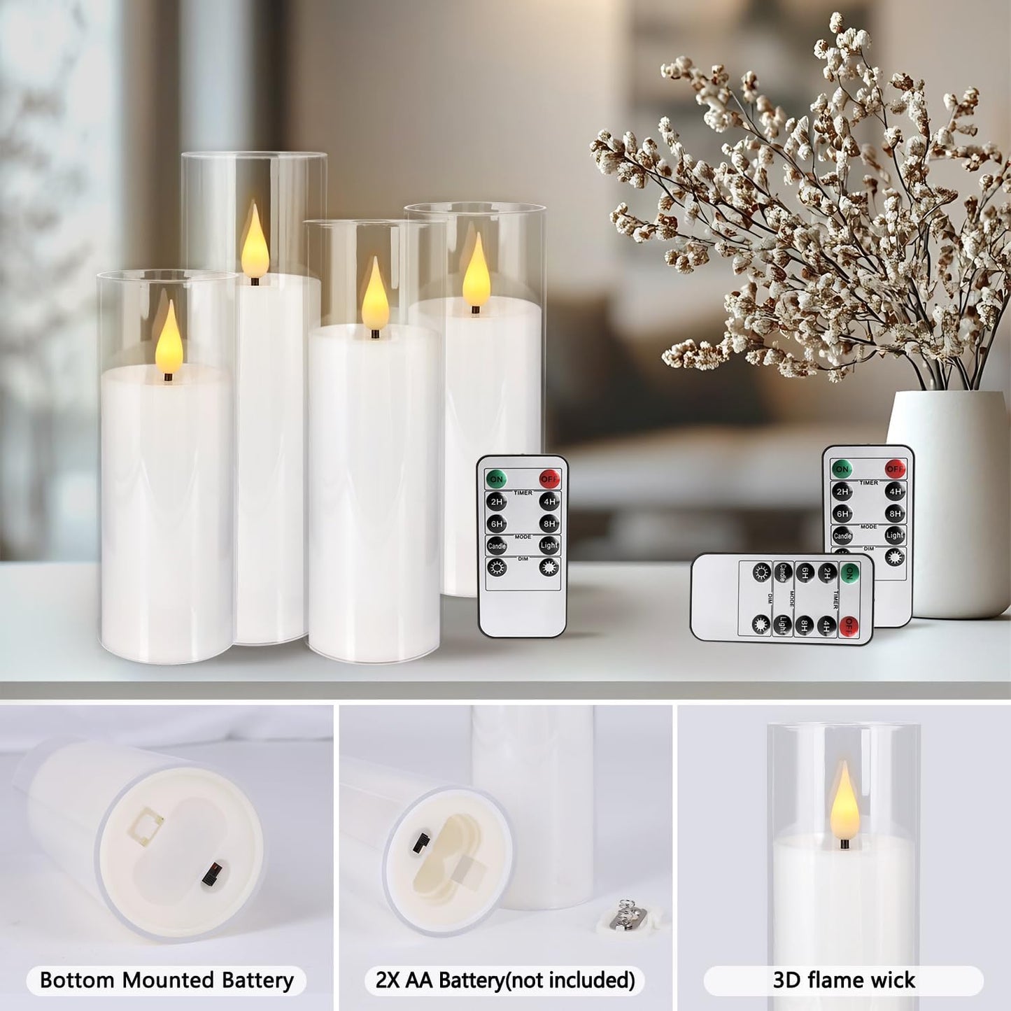 24 Pcs LED Flameless Candles with Remote, 3D Flickering Flame & LED String Lights, Acrylic Clear Cylinder, Timer Function, Romantic Ambience for Home Decor, Party, Wedding (Ivory).