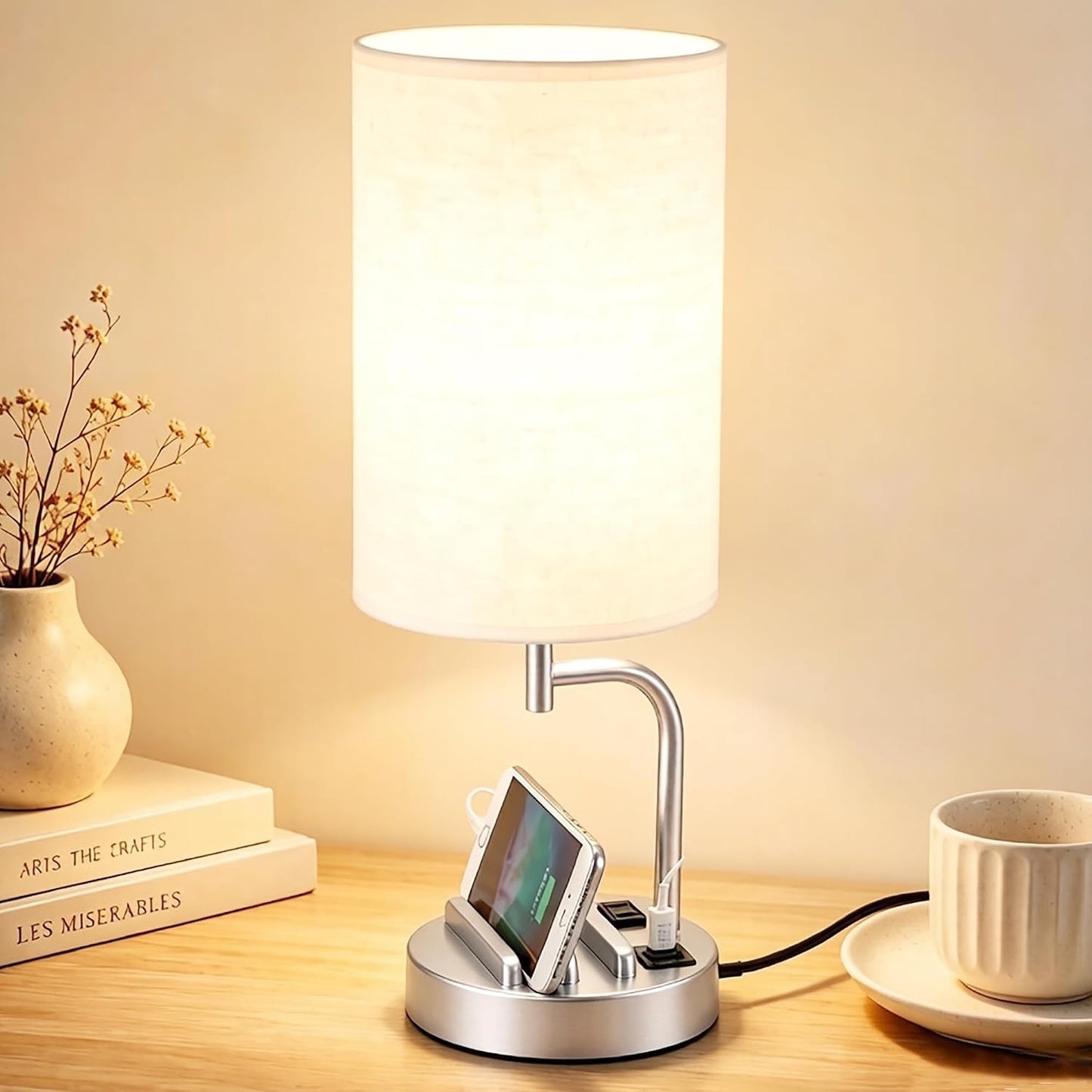 Dreamholder Touch Control USB Table Lamp with USB C/A & AC Outlet, 3-Way Dimmable Bedside Lamp, Modern Nightstand Lamps for Bedroom Living Room Guest Room Office, Bulb Included, Gold