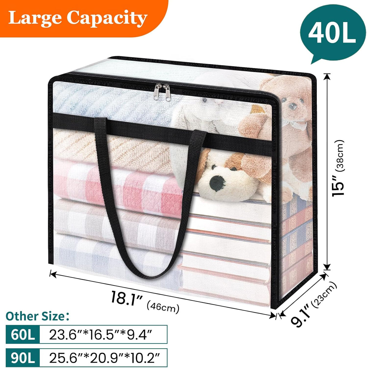 TasticTotes 6 Pack Clear Storage Bags for Comforter, Clothes & Bedding, 40L
